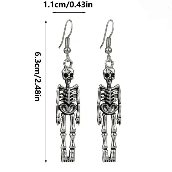 Gothic Skeleton Dangle Earrings Silver - Picture 5 of 11